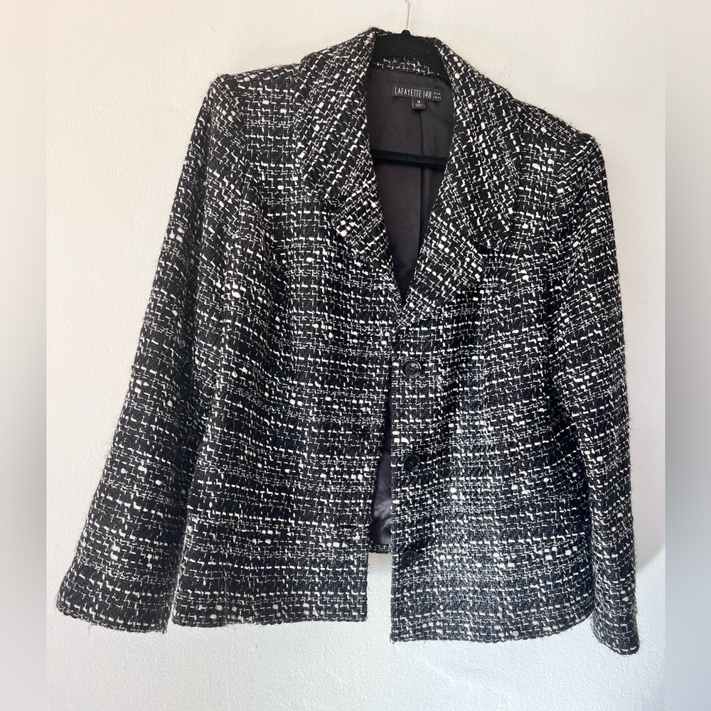 lafayette 148 tweed black and white wool blazer jacket size 14